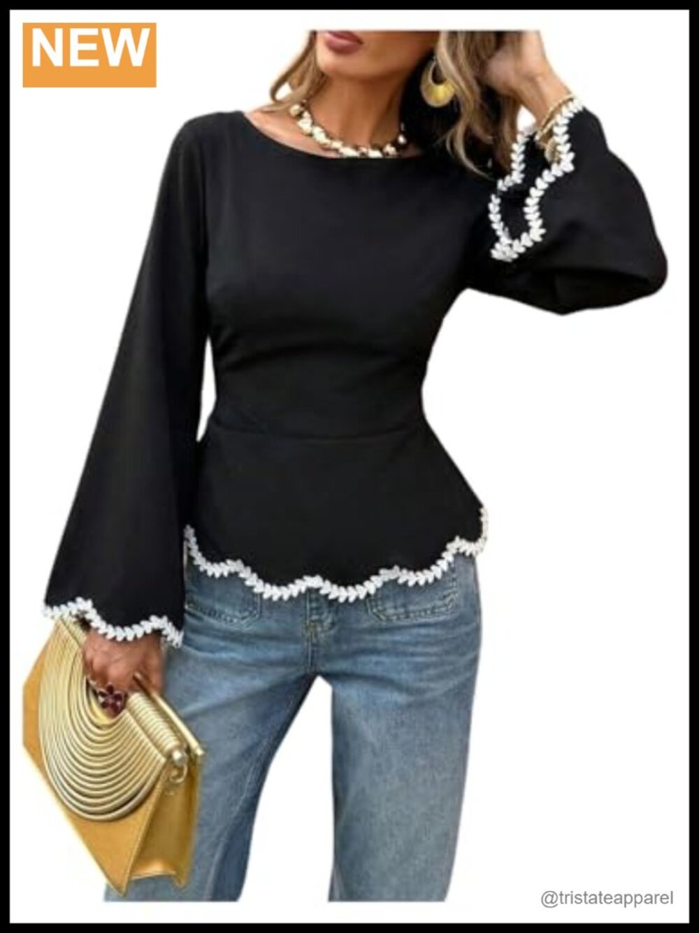Women's Lace Up Back Blouse Boat Neck Flare Sleeve Top Office Chic